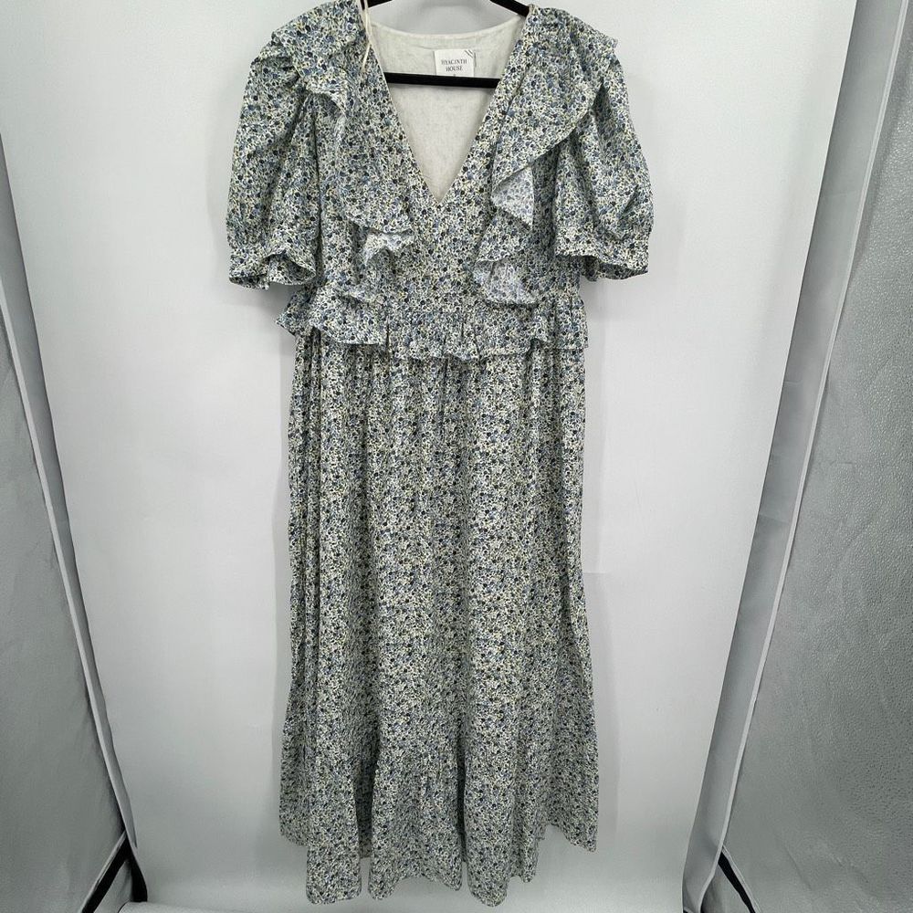 Hyacinth House Blue Floral Puff Sleeve Meadow Midi Dress Size XL